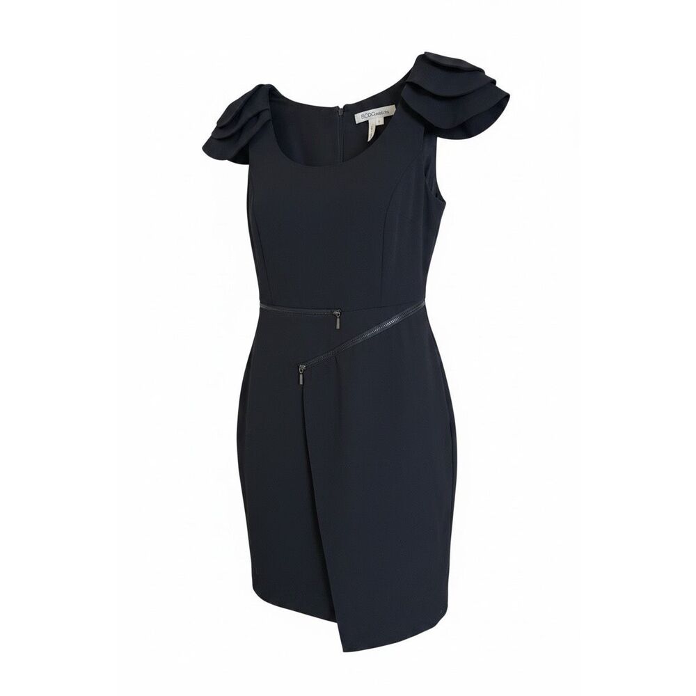 NWOT BCBGeneration Asymmetrical Zipper Ruffle Cap Sleeve Mini Dress Black Size 2